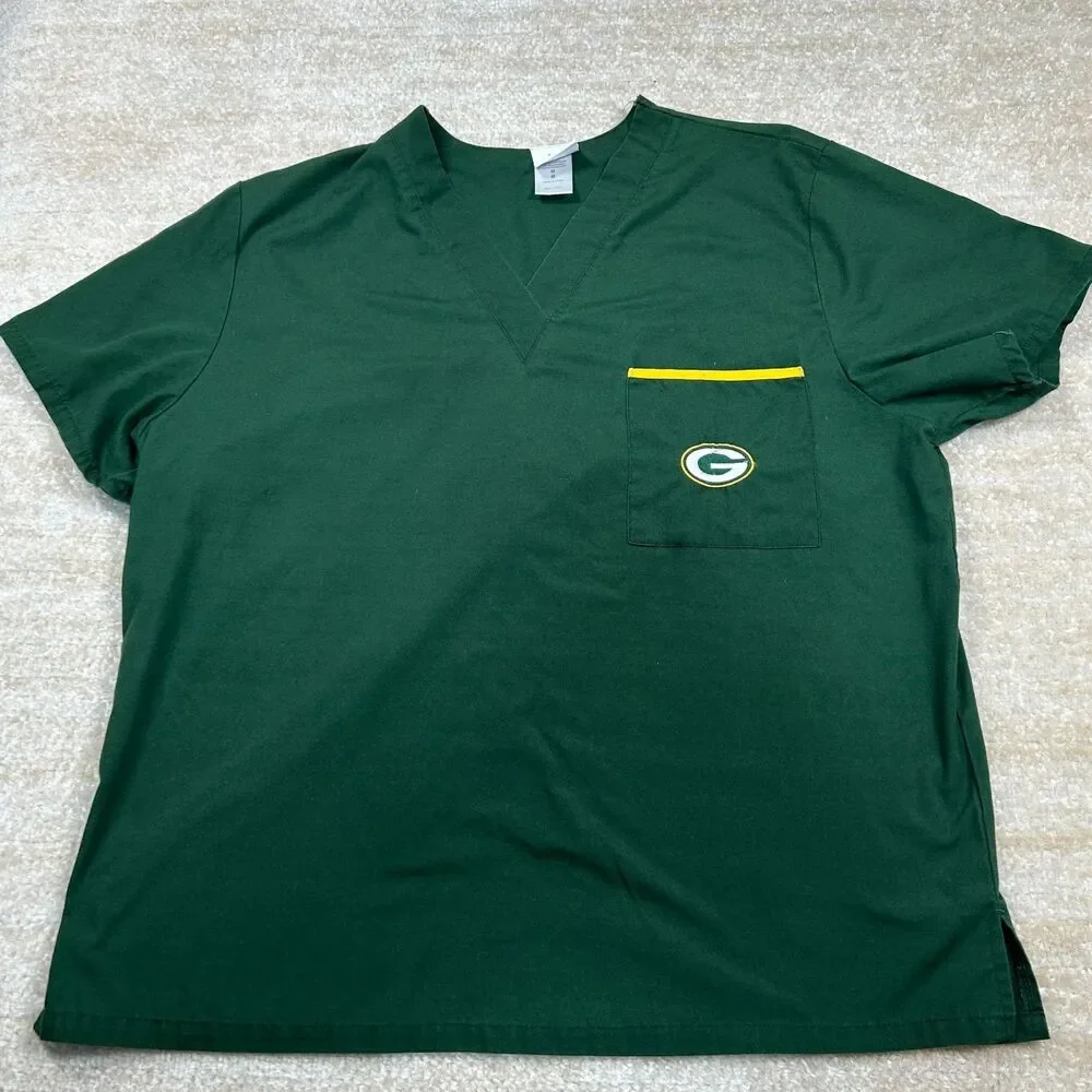 NFL Team Apparel Scrub Top Unisex M Green Bay Packers V-Neck Pocket Yellow Trim